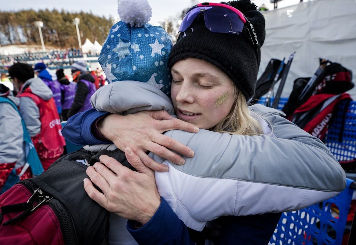 Jessie Diggins got a hug from her mother Deb at the end of the race, in which she finished 5th.