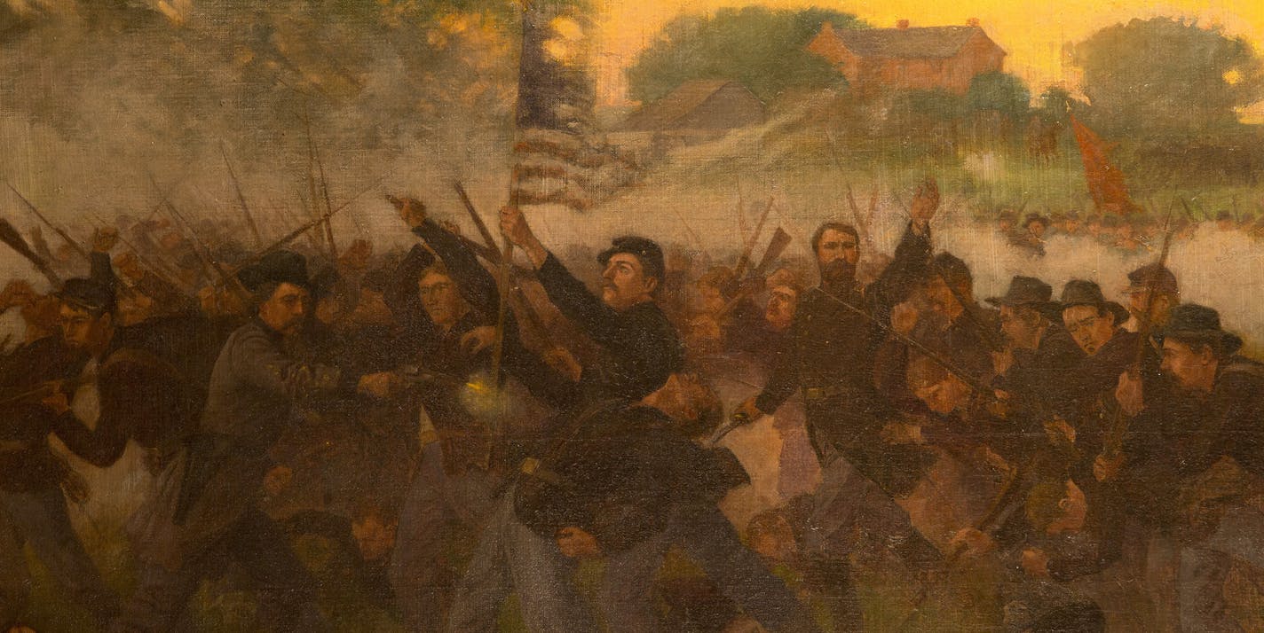 There is a painting in the Governor's Reception Room at the Minnesota State Capitol that depicts the First Minnesota Volunteer Regiment's historic firefight on July 2, 1863 in the Battle of Gettysburg. Ordered to charge down Cemetery Ridge, the regiment successfully stopped the advance of a Confederate brigade that was nearly six times larger and threatened to break through the Union-held line. Of the 262 men ordered forward to buy time until reinforcements could arrive, 220 were either killed o