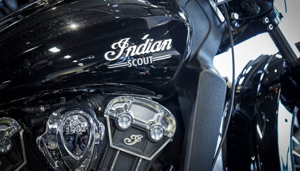 A detail on an Indian motorcycle at Twin Cities Indian Motorcycle in Rogers.