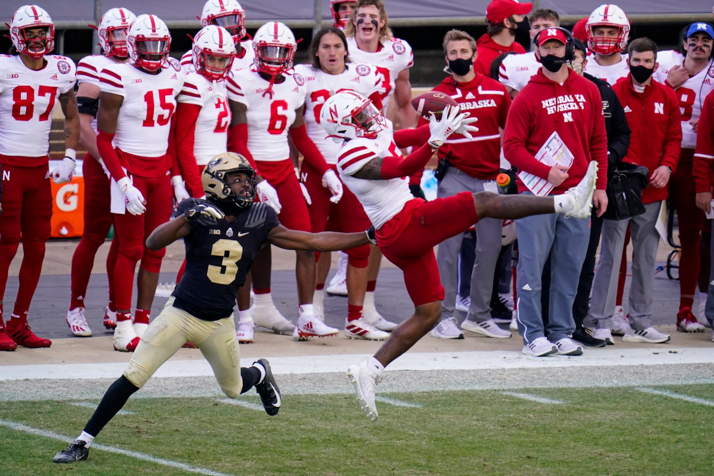 Nebraska cornerback Cam Taylor-Britt (5) breaks up a pass intended for Purdue wide receiver David Bell (3) during the fourth quarter of an NCAA college football game in West Lafayette, Ind., Saturday, Dec. 5, 2020. (AP Photo/Michael Conroy)