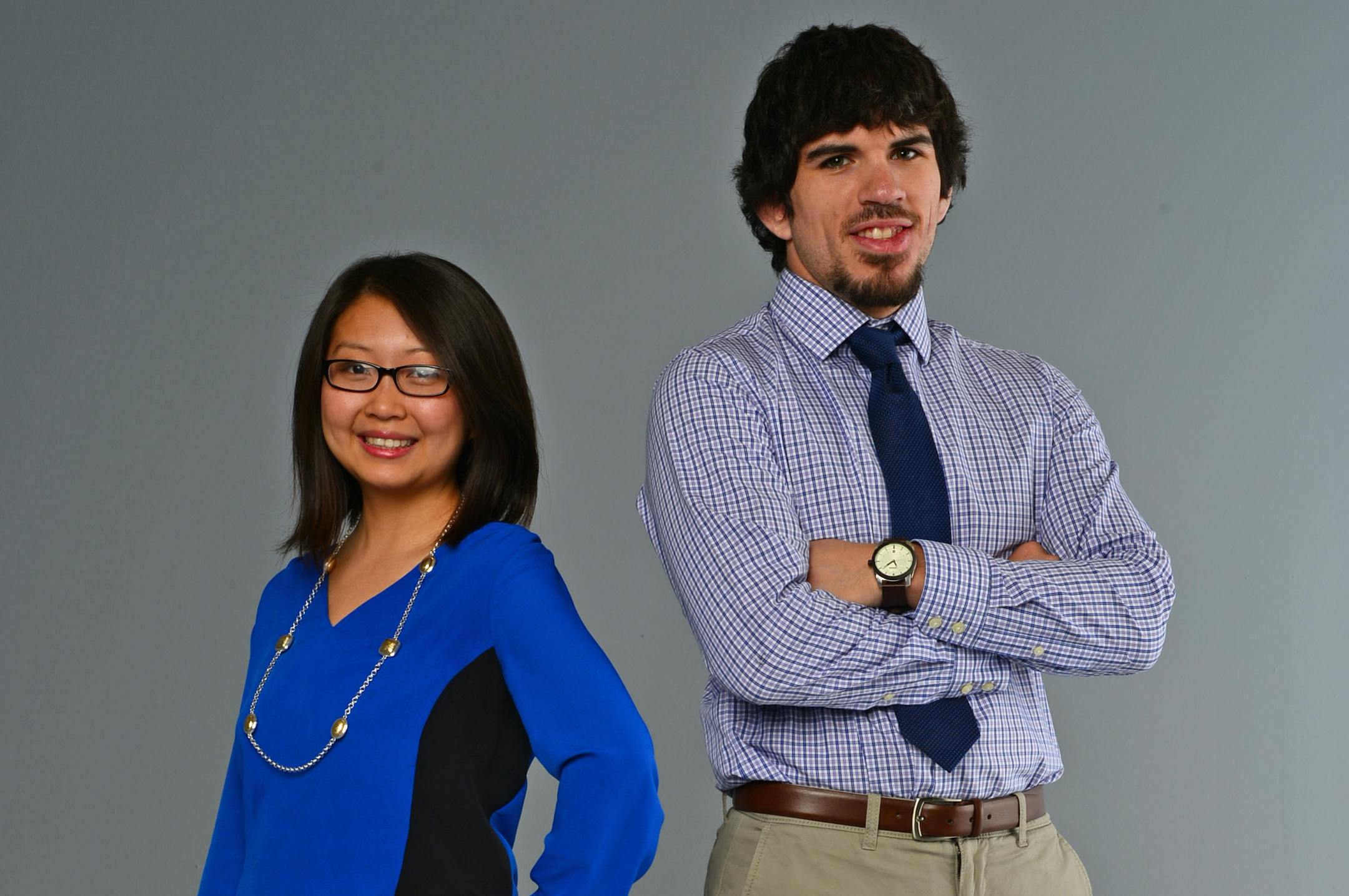 Chia Lor and Alec Ortiz modeled appropriate interview wear for jobs in social or nonprofit work (Lor) and design and art (Oritz).