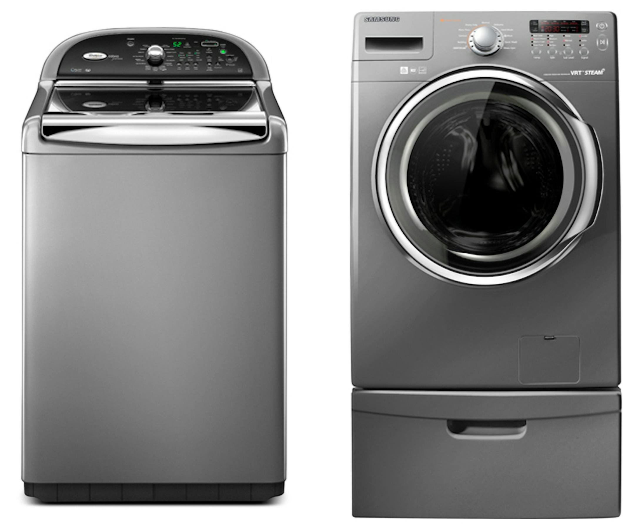 High-effciency models include the Whirlpool Cabrio HE Top Load and Samsung Stackable HE Front Load.
(CREDIT: Handouts via Washington Post.)