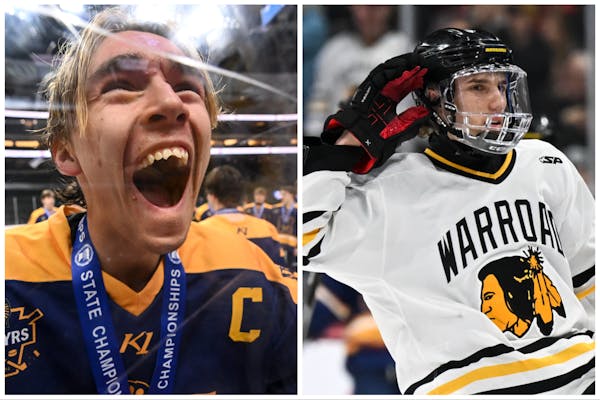 Mahtomedi’s Charlie Drage (left) and Warroad’s Carson Pilgrim broke new ground when each had a hat trick in the Class 1A final.