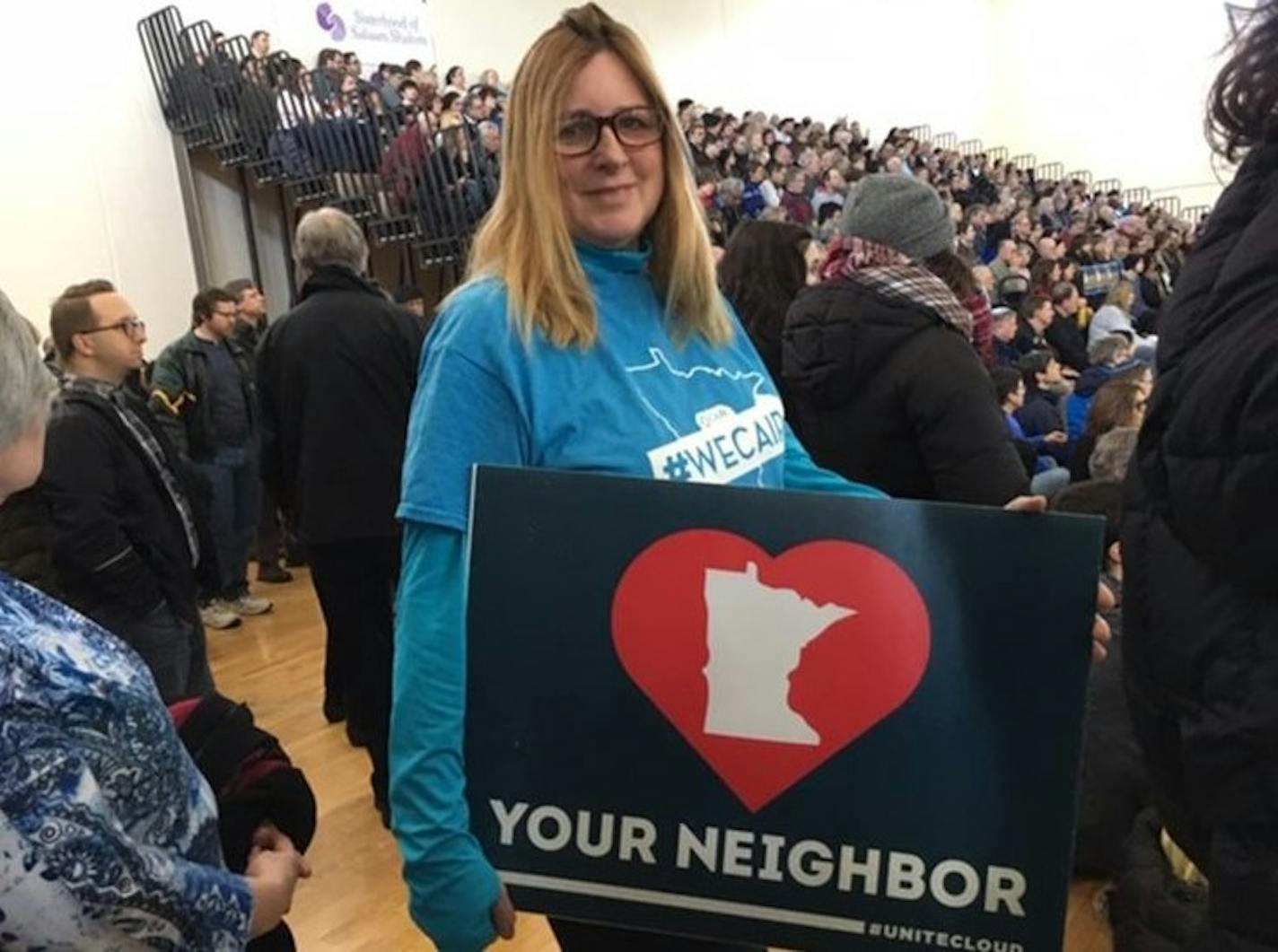 Photo by Katy Read: Mia Olson of Bloomington came to the mosque to express her support for her Muslim neighbors.