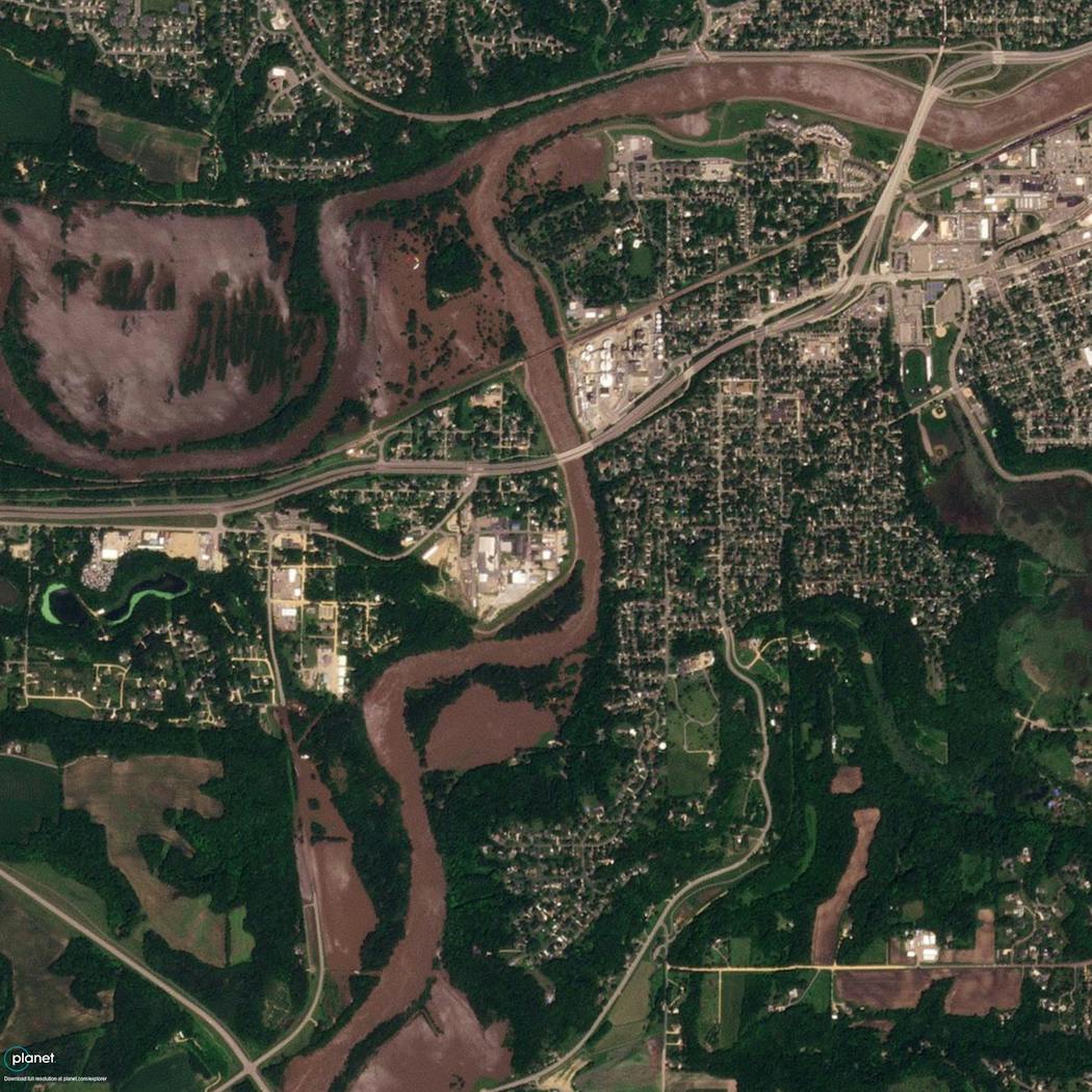 This satellite image shows an aerial view of Mankato on June 24, following flooding of the Minnesota River. 