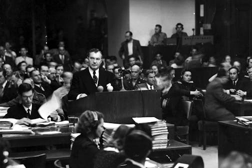 Robert H. Jackson, American chief prosecutor, speaks in court at Nuremberg, 1946.