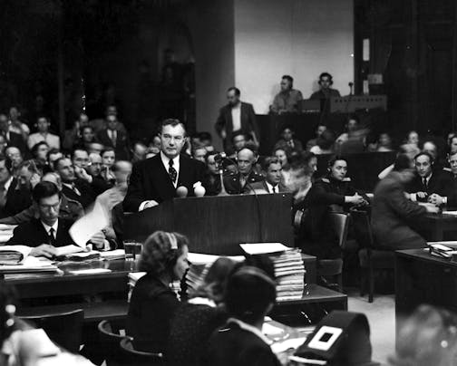 Robert H. Jackson, American chief prosecutor, speaks in court at Nuremberg, 1946.