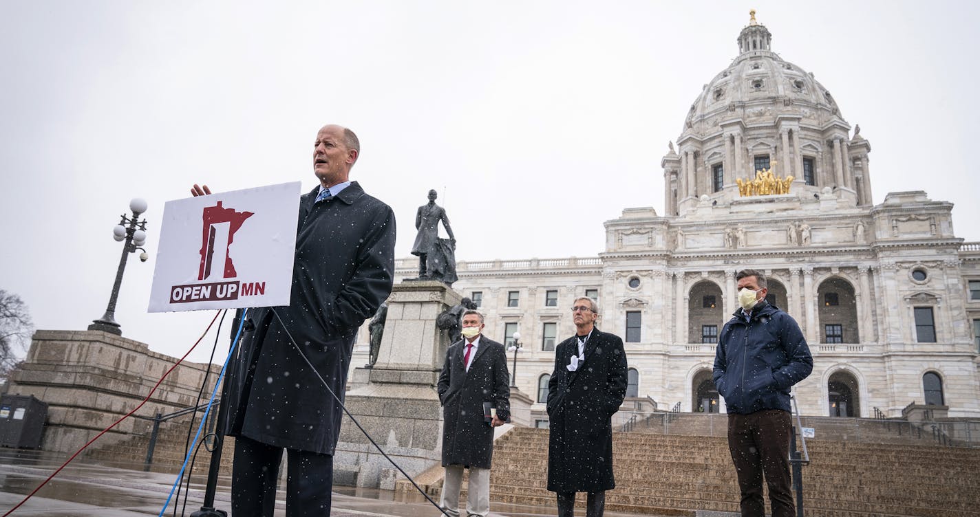 State Senate Majority Leader Paul Gazelka, R-Nisswa, speaks during a news conference to announce a "Contract to Open Up Minnesota," outside the State Capitol in St. Paul, Minn., Monday, Oct. 19, 2020. In a statement released Sunday, Nov. 15, 2020, Gazelka said he has tested positive for the coronavirus. (Leila Navidi/Star Tribune via AP)