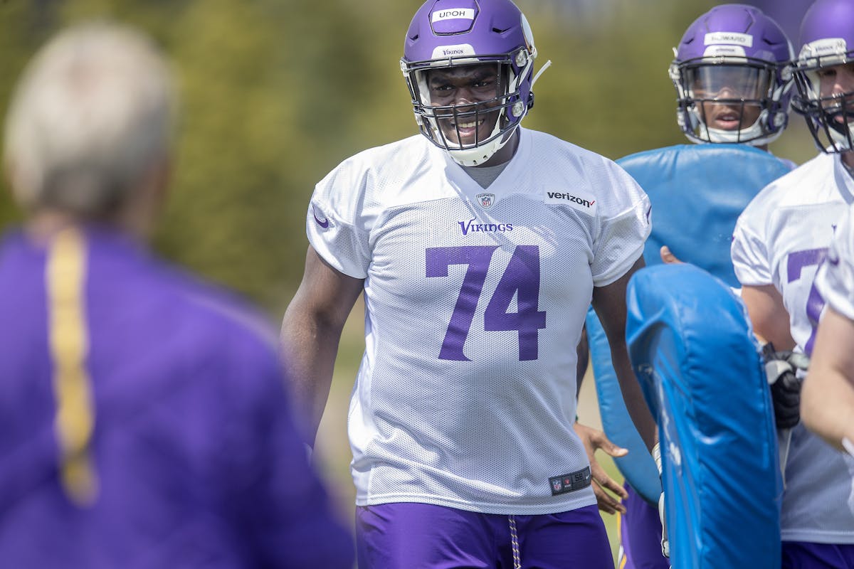 Minnesota Viking's rookie tackle Okisaemeka Udoh worked out during a mini-camp practice at the Twin Cities Orthopedic Center, Friday, May 3, 2019 in E