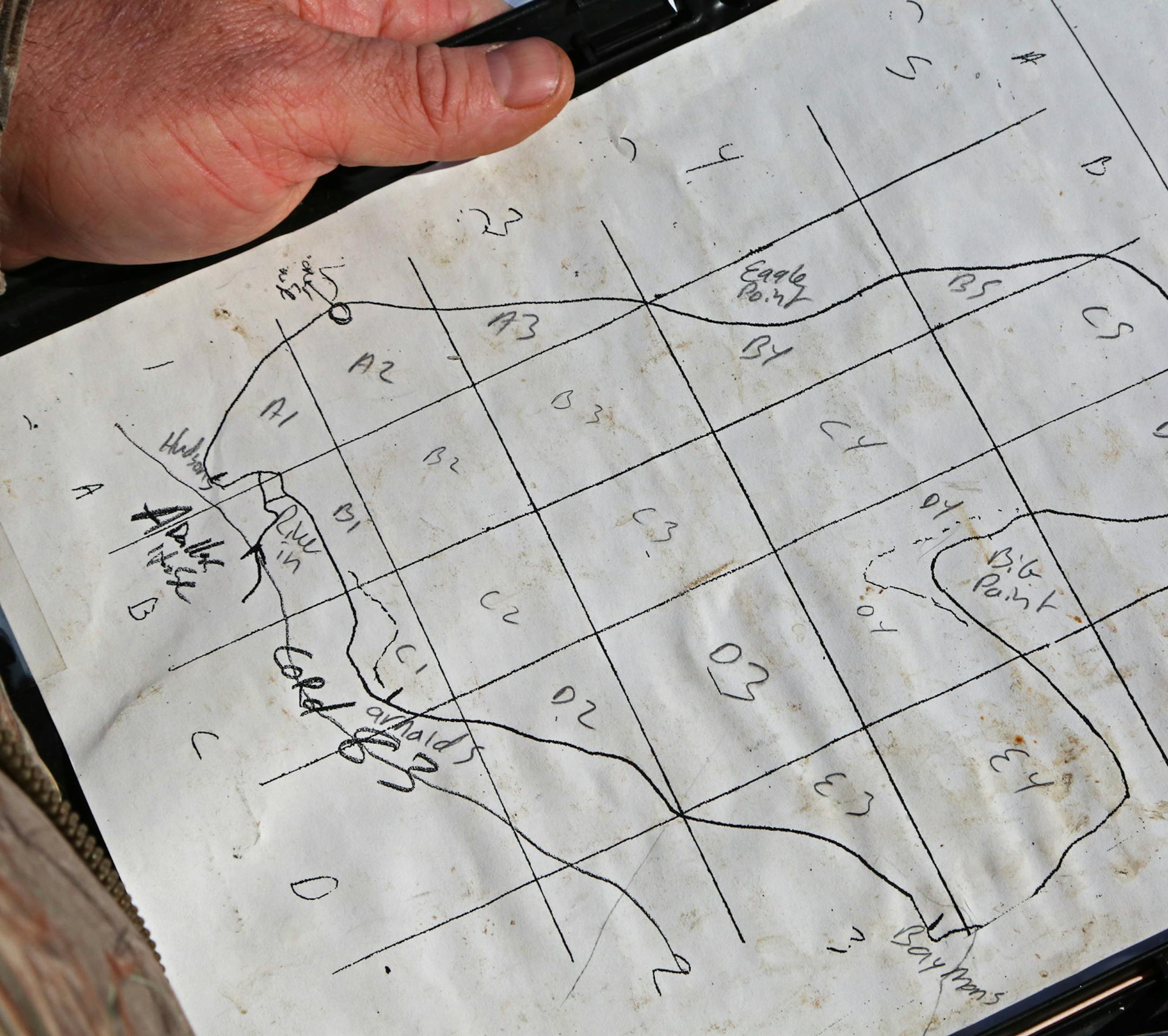 The study lake is divided into quadrants, and the location where a fish is caught is recorded.