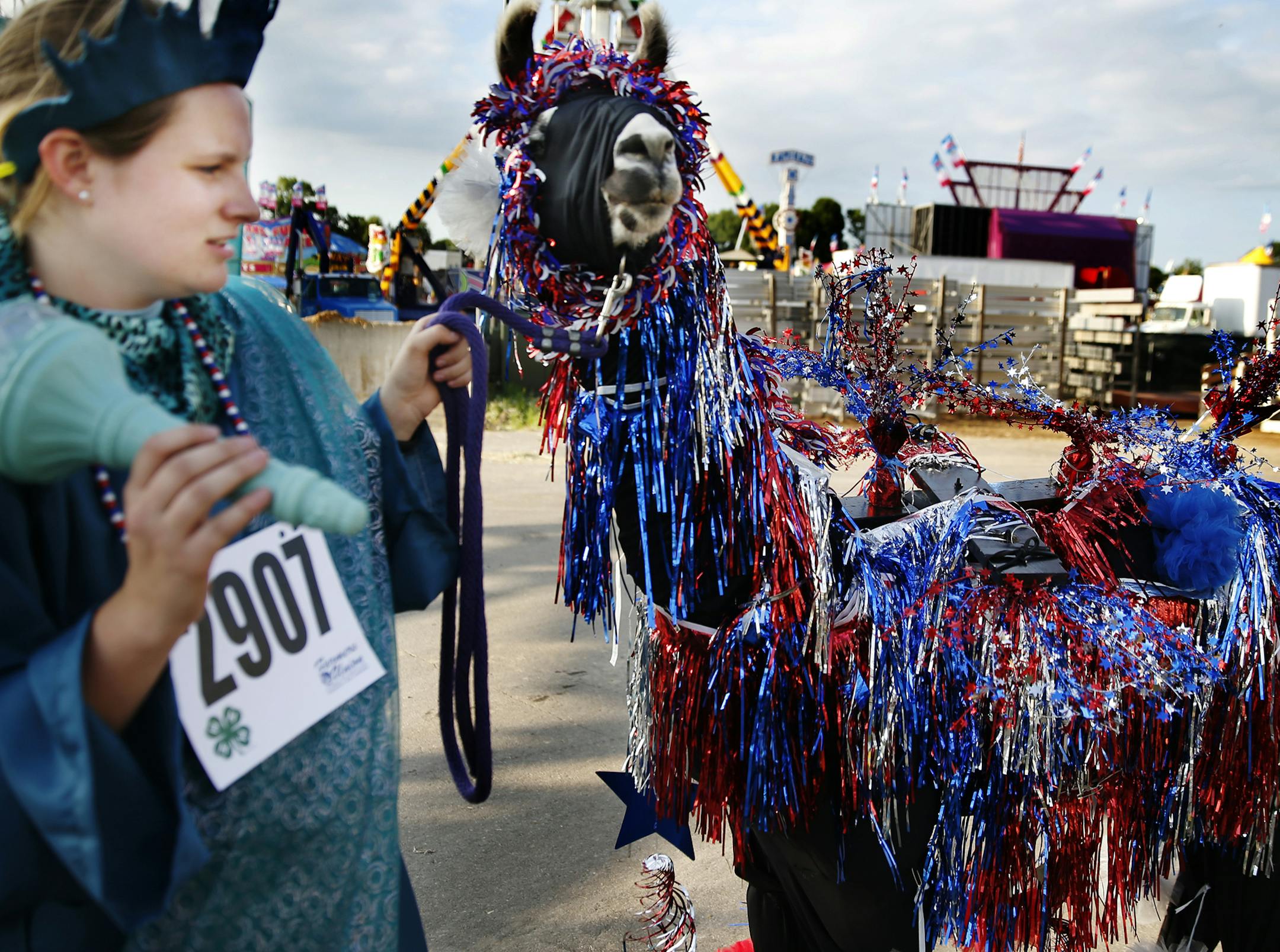 At the 4H llama dressing contest at the Minnesota State Fair on Aug. 27, 2014, Laura Meany and Teddy were dressed as the Statue of Liberty and fireworks over New York as family friend Kylie Stafford helped put on the finishing touches before heading to the arena.] Richard Tsong-Taatarii/rtsong-taatarii@startribune.com ORG XMIT: MIN1408271859149341