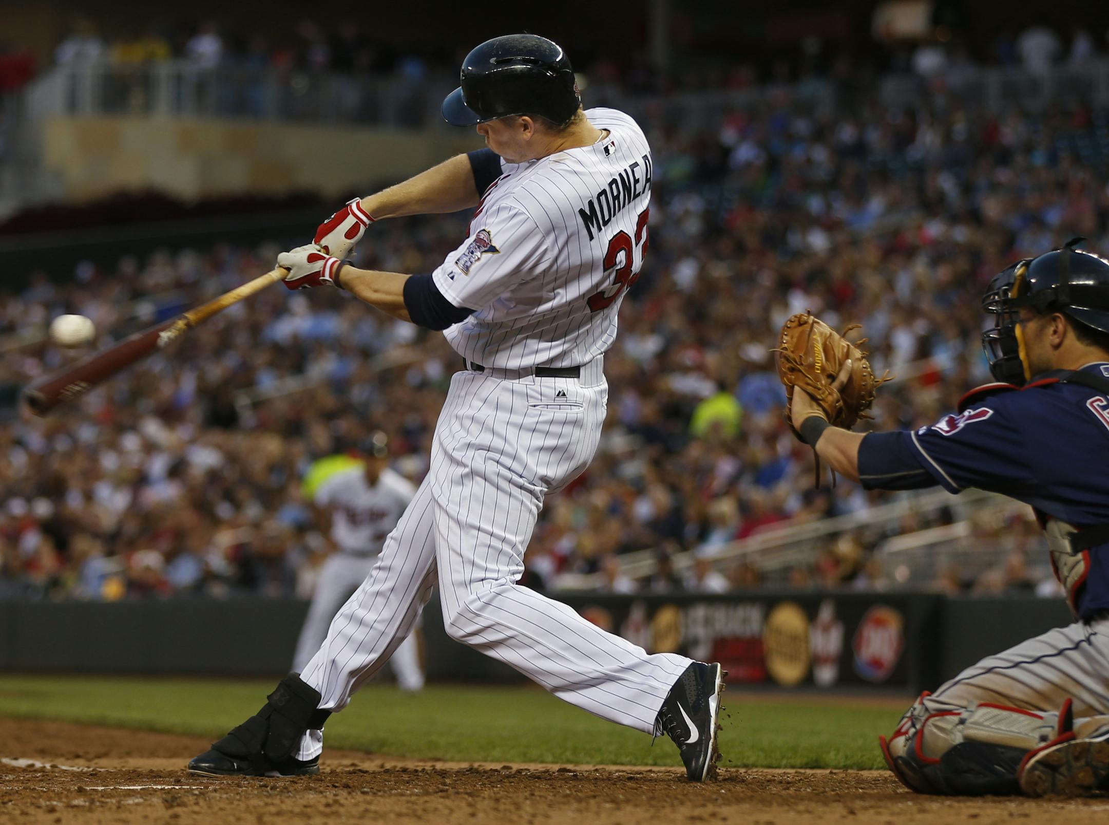 At Target Field in a game between the Cleveland Indians and the Twins, Justin Morneau(33) flied out in the fourth inning. ]tsong-taataarii@startribune.com