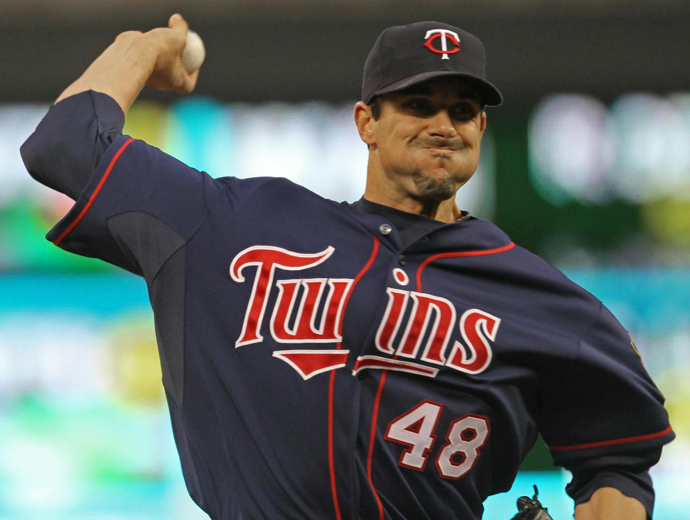 Minnesota Twins vs. Kansas City Royals, 4/27/12. (left to right) Twin Carl Pavano pitched to the Royals in the first inning.] Bruce Bisping/Star Tribune bbisping@startribune.com Carl Pavano/roster.