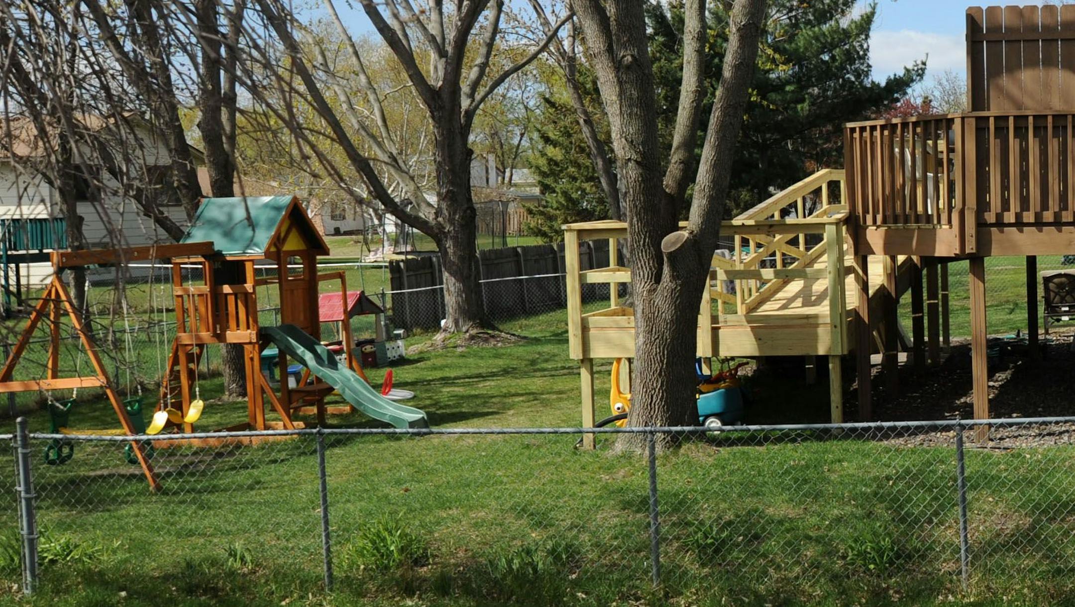 The backyard and play area of DeLois Brown’s home day care, where the triple murder of Brown, 59, and her parents, James Bolden Sr., 83, and Clover Bolden, 81, took place on April 9 of last year.