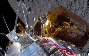 This image provided by Intuitive Machines shows its Odysseus lunar lander over the near side of the moon following lunar orbit insertion on Wednesday,
