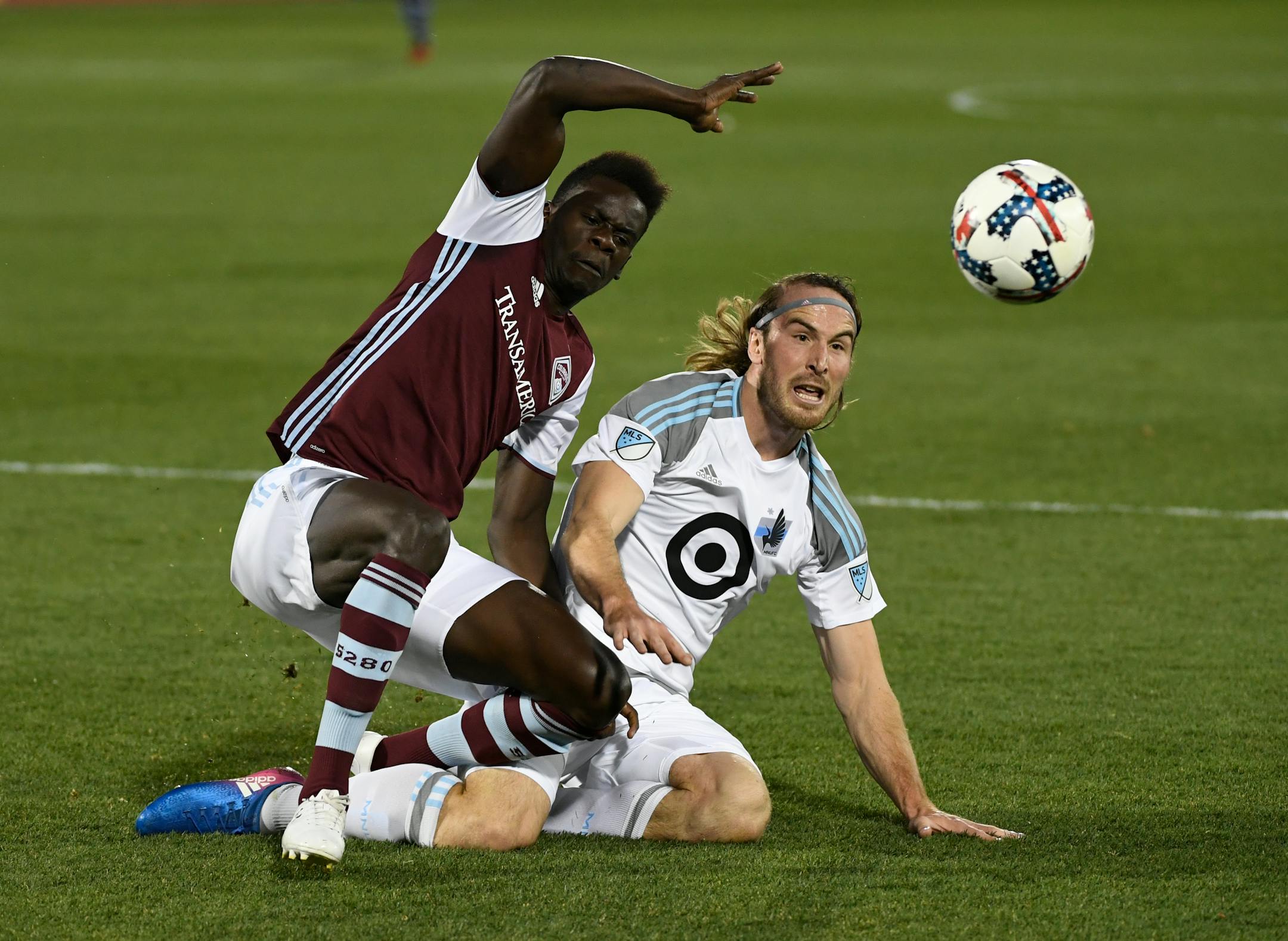 Colorado Rapids forward Dominique Badji, left, and Minnesota United defender Brent Kallman went after the ball during the first half of an MLS soccer match on March 18. The Loons have allowed 18 goals in four matches and are more than a quarter of the way to matching the Major League Soccer regular-season record for goals allowed.
