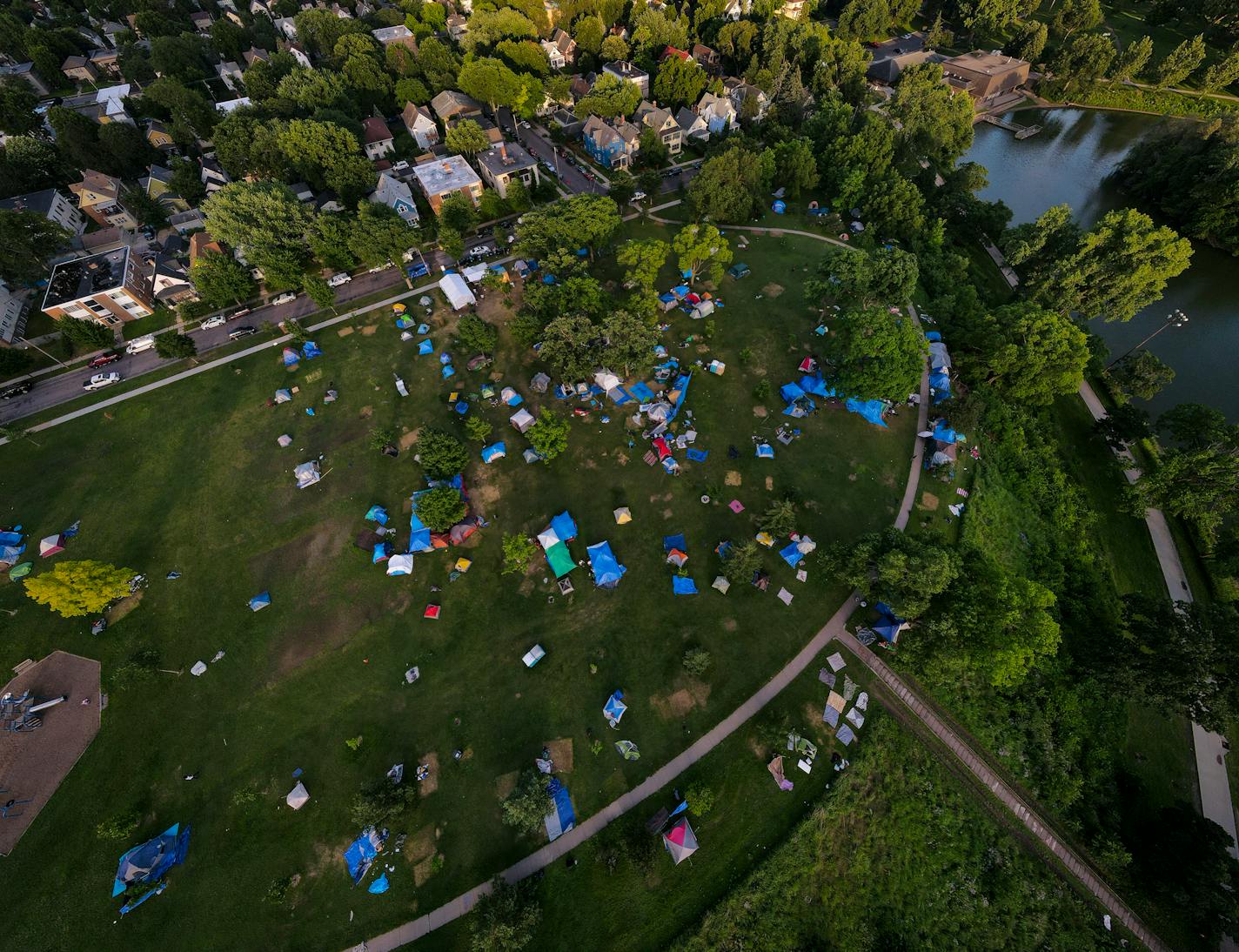 The homeless encampment at Powderhorn Park photographed Tuesday, July 14, 2020 in Minneapolis, Minn. ]