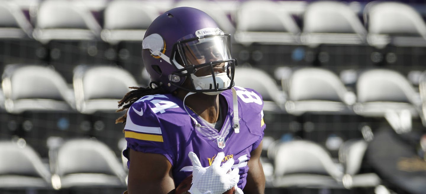 Minnesota Vikings wide receiver Cordarrelle Patterson warms up prior to a game earlier this season. Sunday against Carolina, Patterson went without a catch for the first time in his pro career.