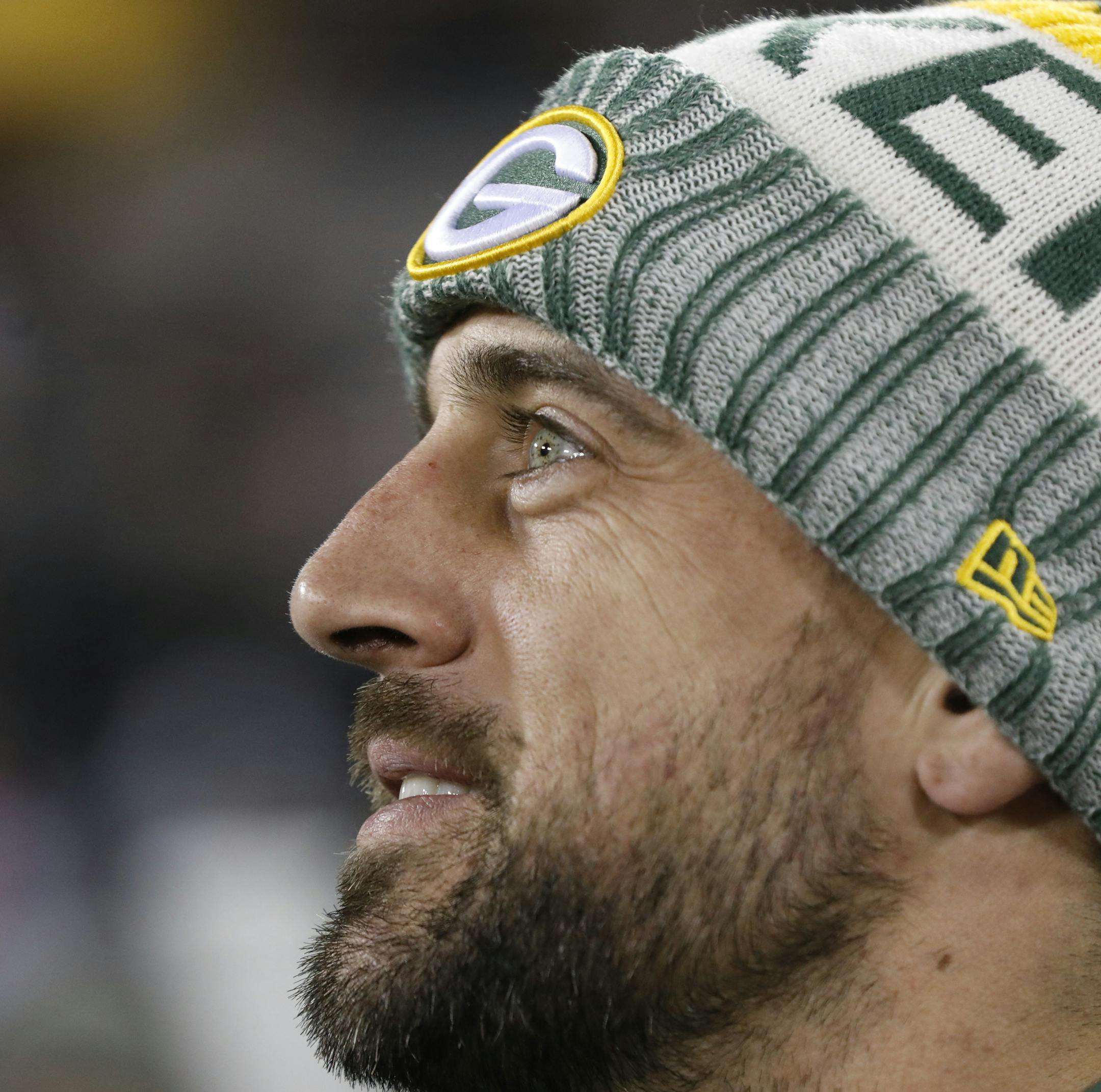 Green Bay Packers' Aaron Rodgers is seen on the field before an NFL football game against the Detroit Lions -Monday, Nov. 6, 2017, in Green Bay, Wis. (AP Photo/Mike Roemer) ORG XMIT: MIN2017110707585902