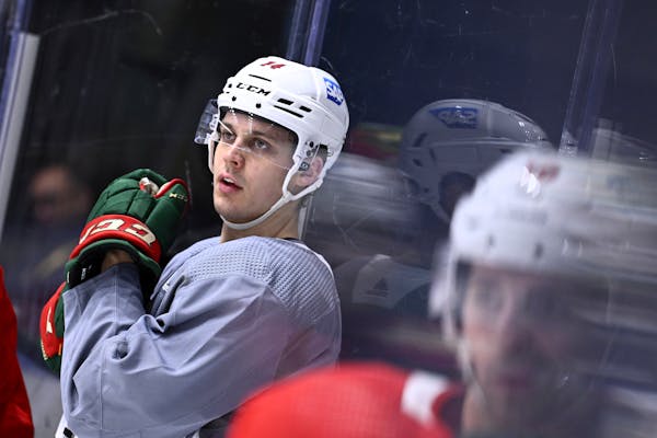 Joel Eriksson Ek, one of five Swedish players with the Wild, paused during the team’s practice in Stockholm this week.