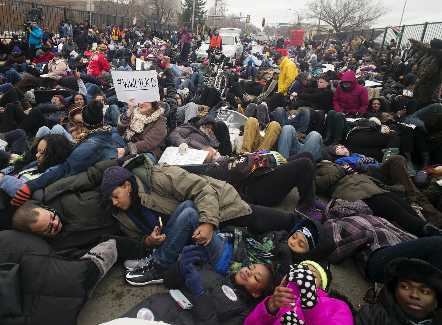 Black Lives Minneapolis held an MLK march from Snelling and University in St. Paul to the Capitol . They "died in" on an I94 overpass along the way.] Richard Tsong-Taatatarii@startribune.com