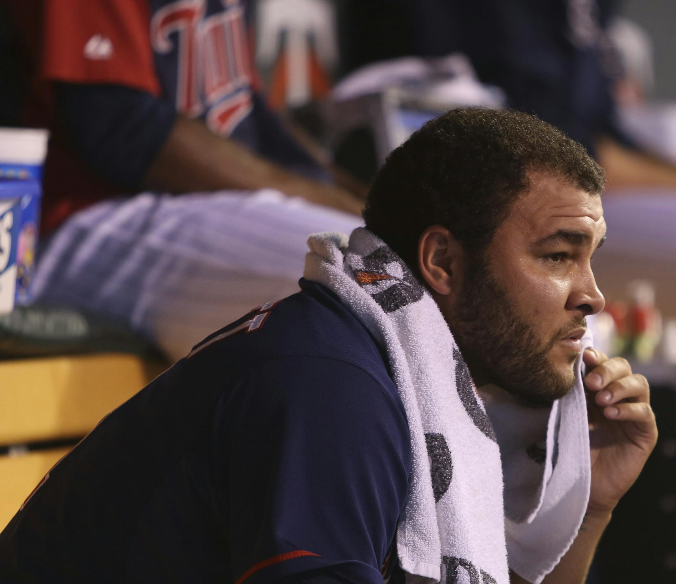 Twin relief pitcher Alex Burnett sat on the bench after allowing 3 runs to score in the eighth inning at Target Field in Minneapolis, Min., Tuesday September 11, 2012. Royals won 9-1. ] (KYNDELL HARKNESS/STAR TRIBUNE) kyndell.harkness@startribune.com ORG XMIT: MIN1209112221080256