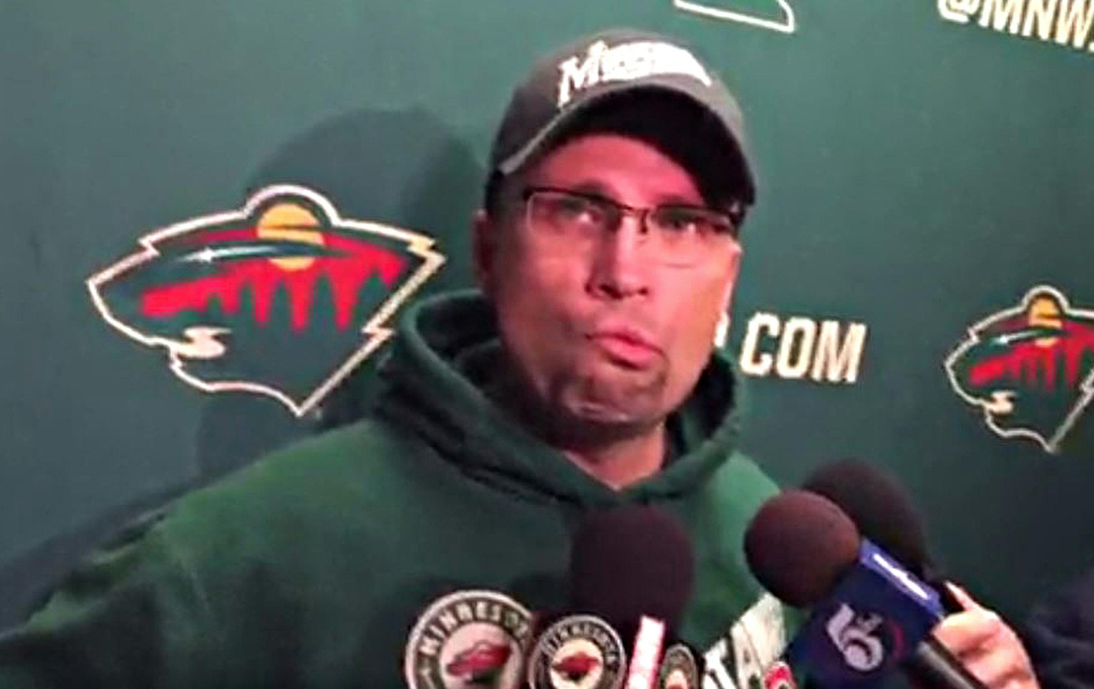 Wild coach Mike Yeo after 1/7/15 practice blow-up. Video grab, video by Michael Russo.