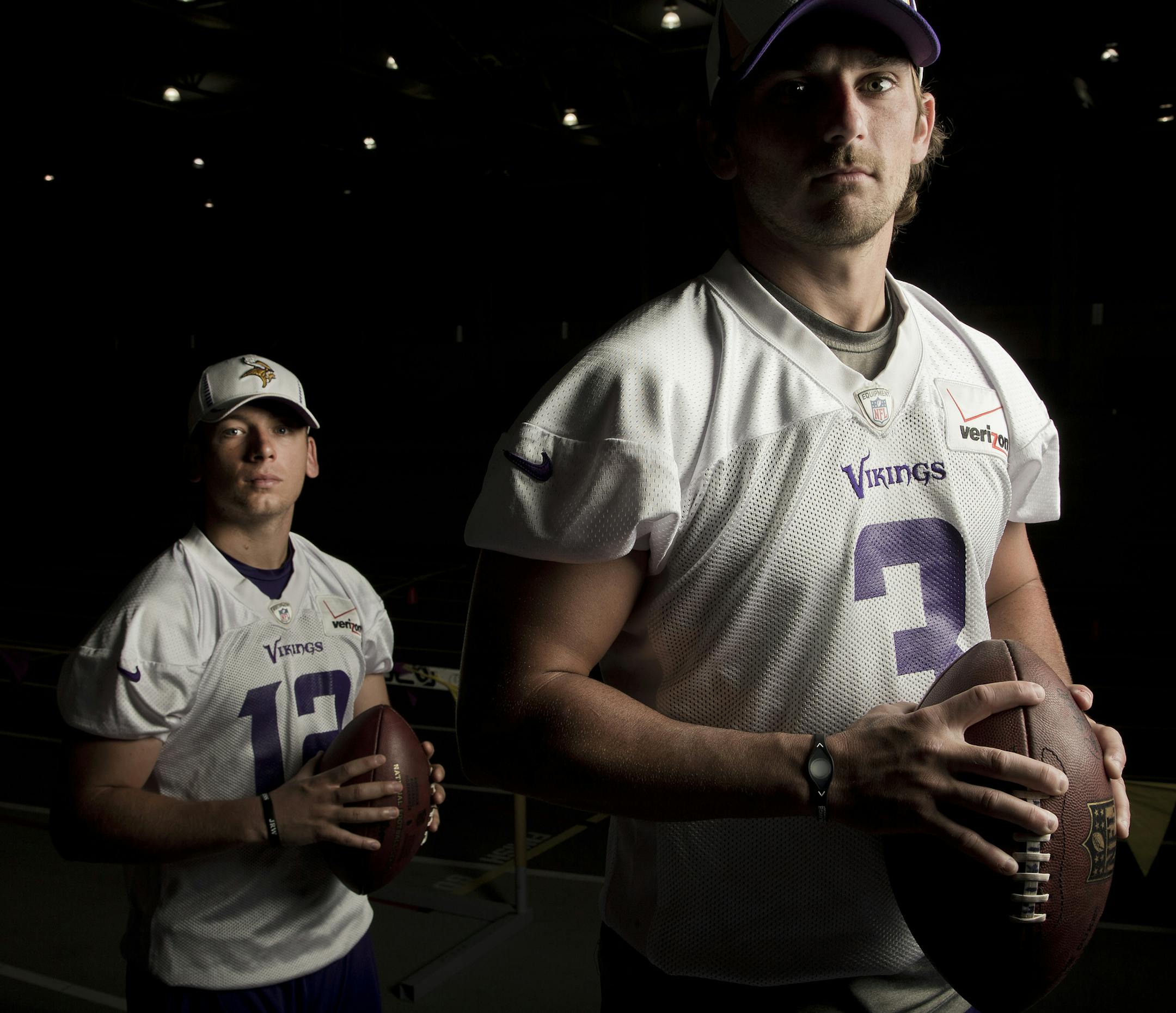 Minnesota Vikings punter Jeff Locke and kicker Blair Walsh. ] CARLOS GONZALEZ cgonzalez@startribune.com July 31, 2013, Minnesota Vikings Training Camp, Mankato, Minn., Minnesota State University, Mankato - ORG XMIT: MIN1308222119275898 ORG XMIT: MIN1308252321236898