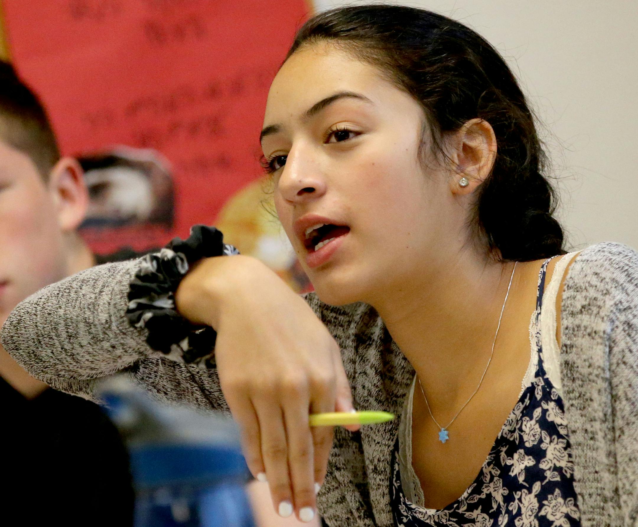 International Baccalaureate Hebrew student Mimi Fhima asks a question during her IB Hebrew sophomore class Wednesday, May 5, 2016, at St. Louis Park High School in St. Louis Park, MN.](DAVID JOLES/STARTRIBUNE)djoles@startribune For more than 15 years, St. Louis Park High School has had an International Baccalaureate Hebrew program, one of a handful in the country and the only one in Minnesota.The program is a draw for the city's Jewish community as well as Hebrew speakers from other home distric