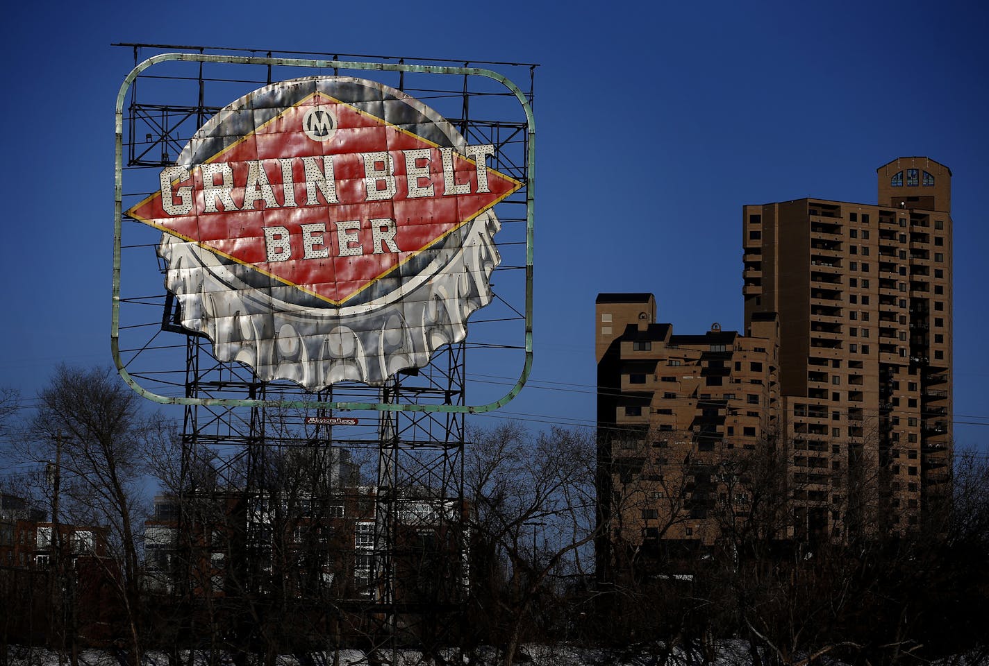 Grain Belt sign Minneapolis, Minnesota. ] CARLOS GONZALEZ cgonzalez@startribune.com, January 15, 2015, Minneapolis, Minn., Recent movement on the old-neon-sign front is welcome news to lovers of old signs, from North Star Blanket to Grain Belt and Schmidt Brewery. Story updates status of signs (Schmidt Beer is re-lit in St. Paul; North Star Blanket is slated for restoration; Pillsbury A Mill is down but there are hopes for its revival; Grain Belt on Nicollet Island is not lit but is slated for r