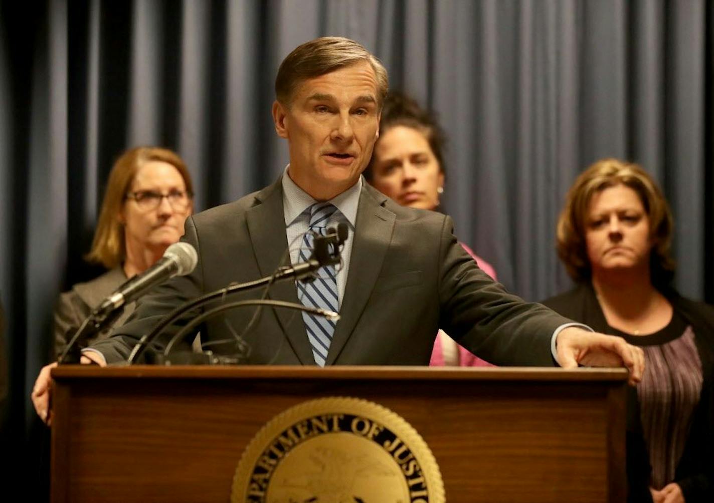 Jerry Ruzicka and W. Jeff Taylor were found guilty on multiple counts, while Larry Miller and Larry Hagen were found not guilty on a split verdict on the Starkey case Thursday, March 8, 2018, at the federal courthouse in Minneapolis, MN. Here, Greg Brooker, US attorney for the district of Minnesota, talks about the verdict during a press conference afterwards.