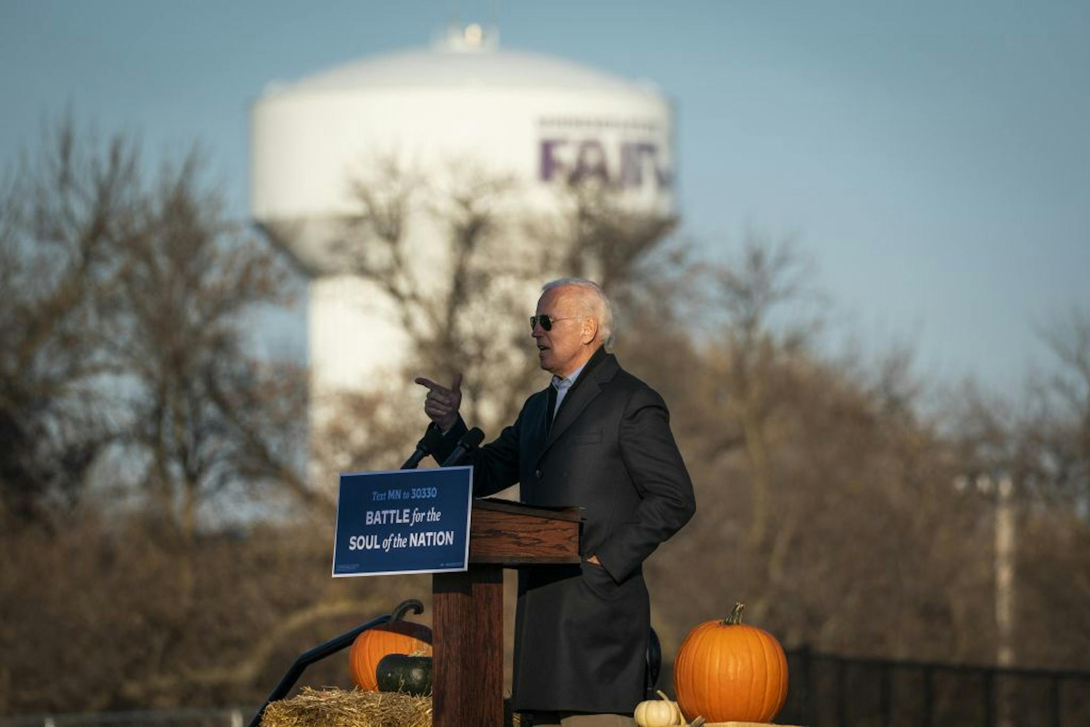 Former Vice President Joe Biden spoke during a drive-in campaign event in Falcon Heights.