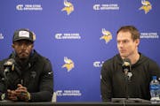 Vikings GM Kwesi Adofo-Mensah, left, and coach Kevin O’Connell addressed the media Wednesday at TCO Performance Center in Eagan.