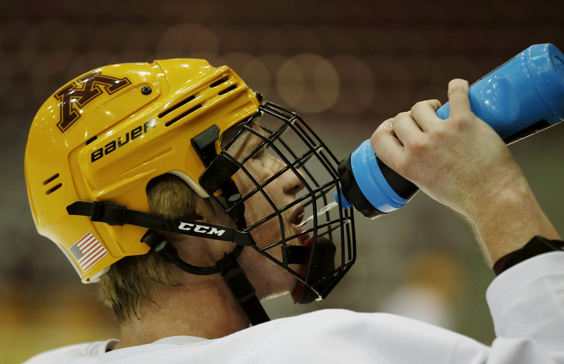 Freshman defenseman Jack Glover cooled of during practice. Gopher hockey practice featuring the freshmen on the team Wednesday October 22 , 2014 in Minneapolis ,MN. ] Jerry Holt Jerry.holt@startribune.com