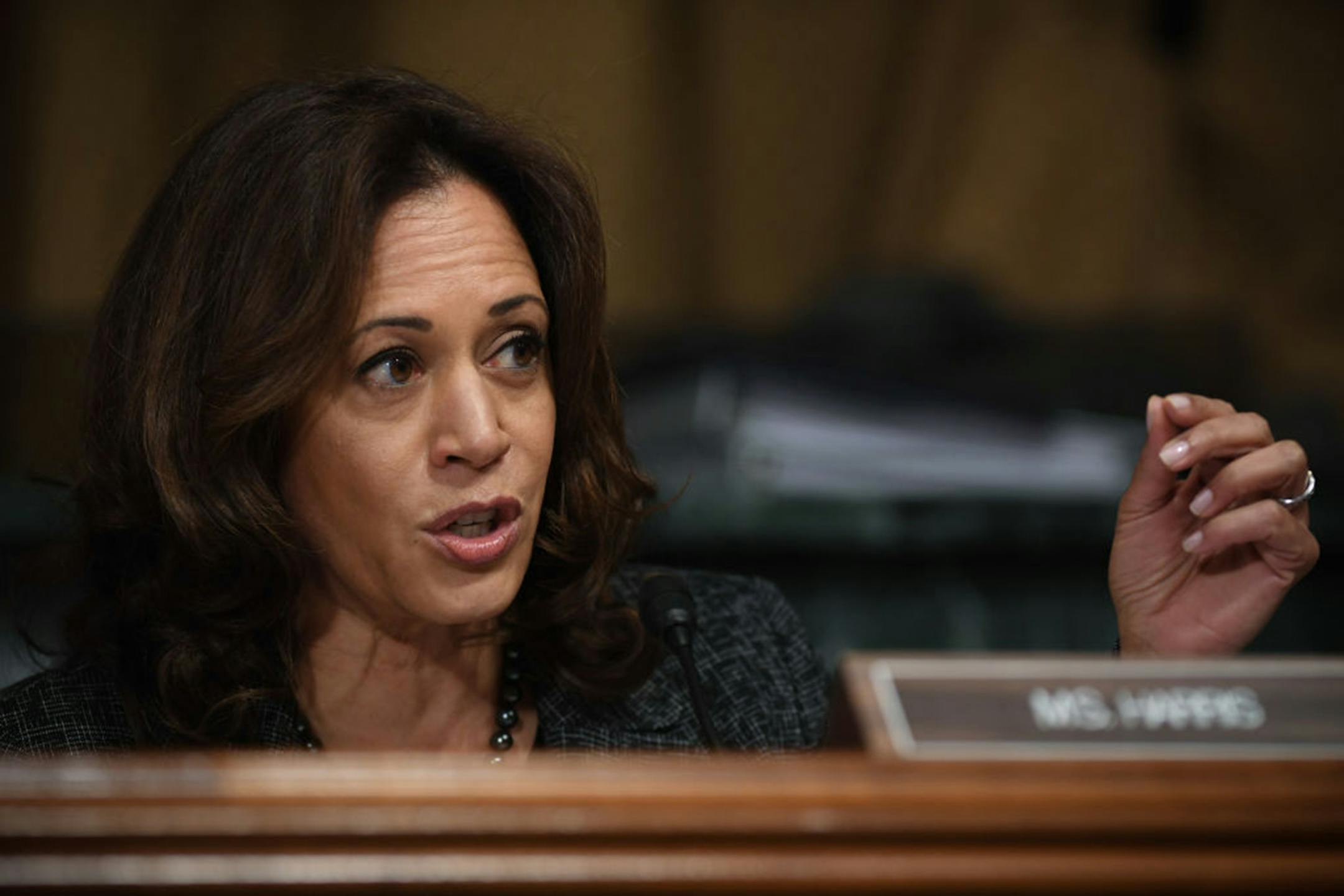 US Senator Kamala Harris, D-CA, talks to Christine Blasey Ford, the woman accusing Supreme Court nominee Brett Kavanaugh of sexually assaulting her at a party 36 years ago, during her hearing before the US Senate Judiciary Committee on Capitol Hill in Washington, DC, September 27, 2018. (SAUL LOEB/POOL/AFP via Getty Images) ORG XMIT: 1746501