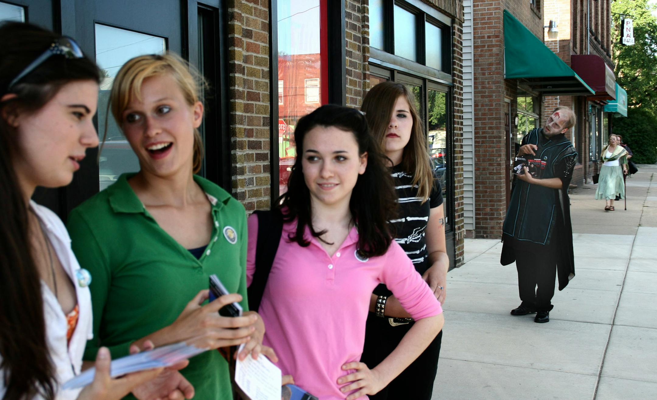 From left, Lauren Patrick, Elyse Voyen, Julia Valen, Anna Carey and David Pisa as the zombie.