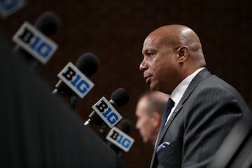 Big Ten commissioner Kevin Warren speaks about the cancellation of the men's basketball tournament at Bankers Life Fieldhouse in Indianapolis, Ind., o