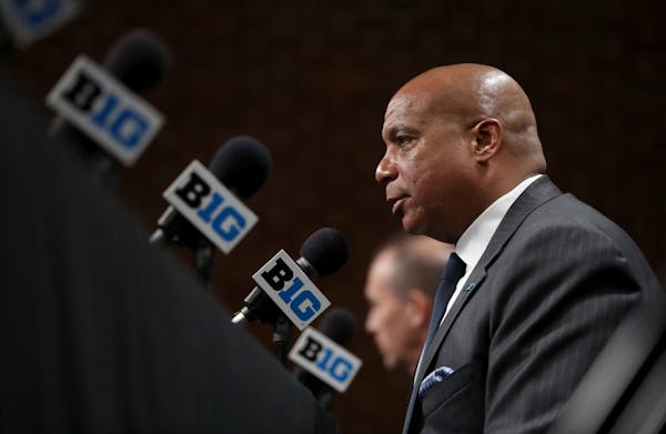Big Ten commissioner Kevin Warren speaks about the cancellation of the men's basketball tournament at Bankers Life Fieldhouse in Indianapolis, Ind., o