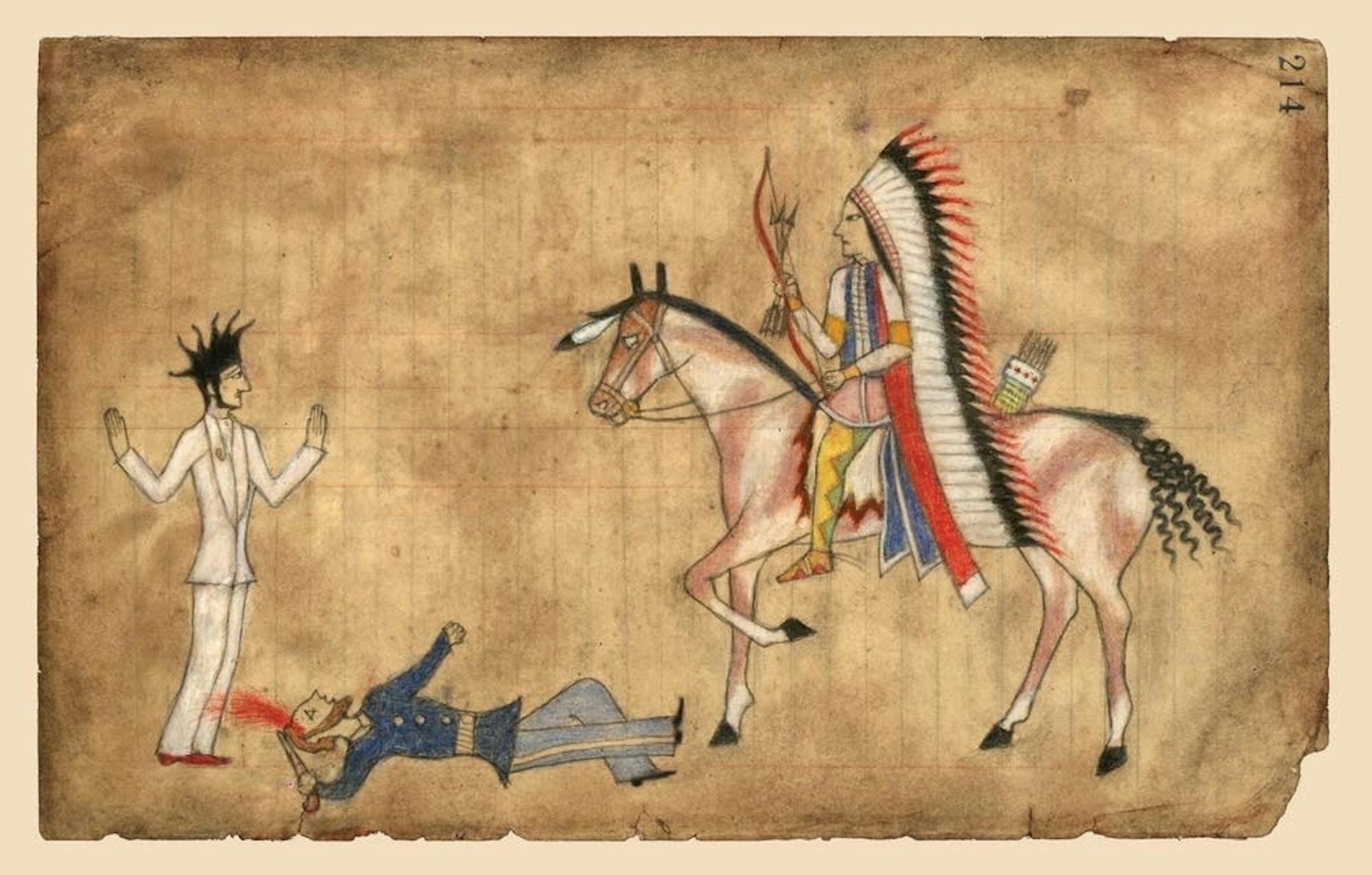 Scott Seekins painted himself, at left, in this work that simulates the ledger-paper drawings done by Indian prisoners of war.