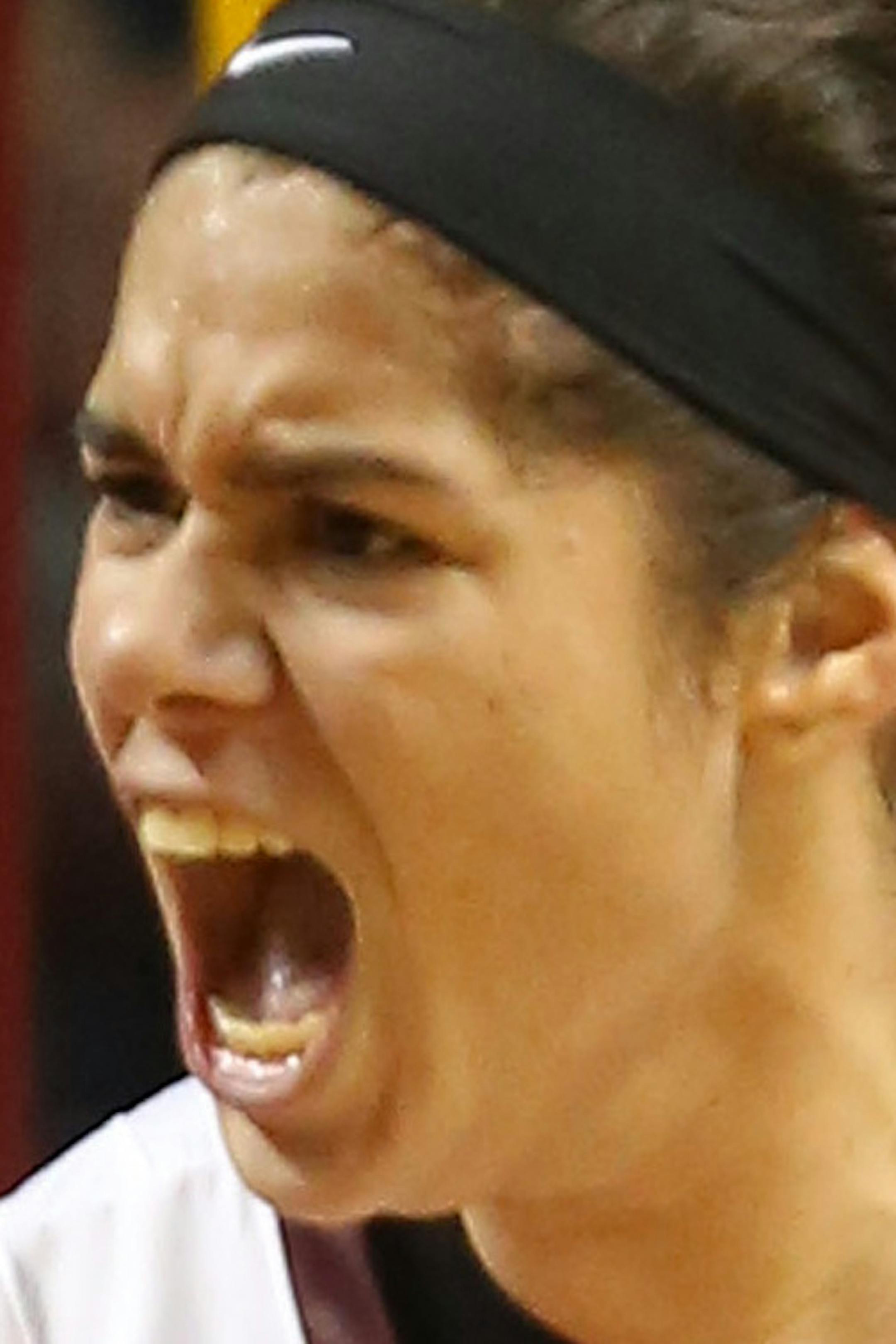 Gophers Amanda Zahui celebrated after scoring on Kansas during the second half at Williams Arena in Minneapolis, Min., Wednesday, November 20, 2013. Gophers won against Kansas 70-59. ] (KYNDELL HARKNESS/STAR TRIBUNE) kyndell.harkness@startribune.com