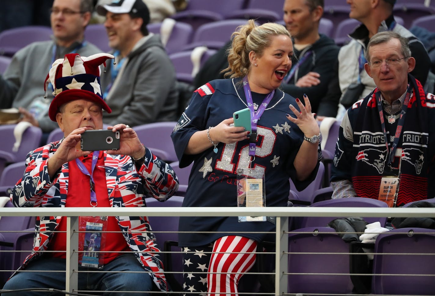 A New England Patriots fan showed off her fingernails in the stands Sunday at U.S.Bank Stadium before the start of Super Bowl LII.