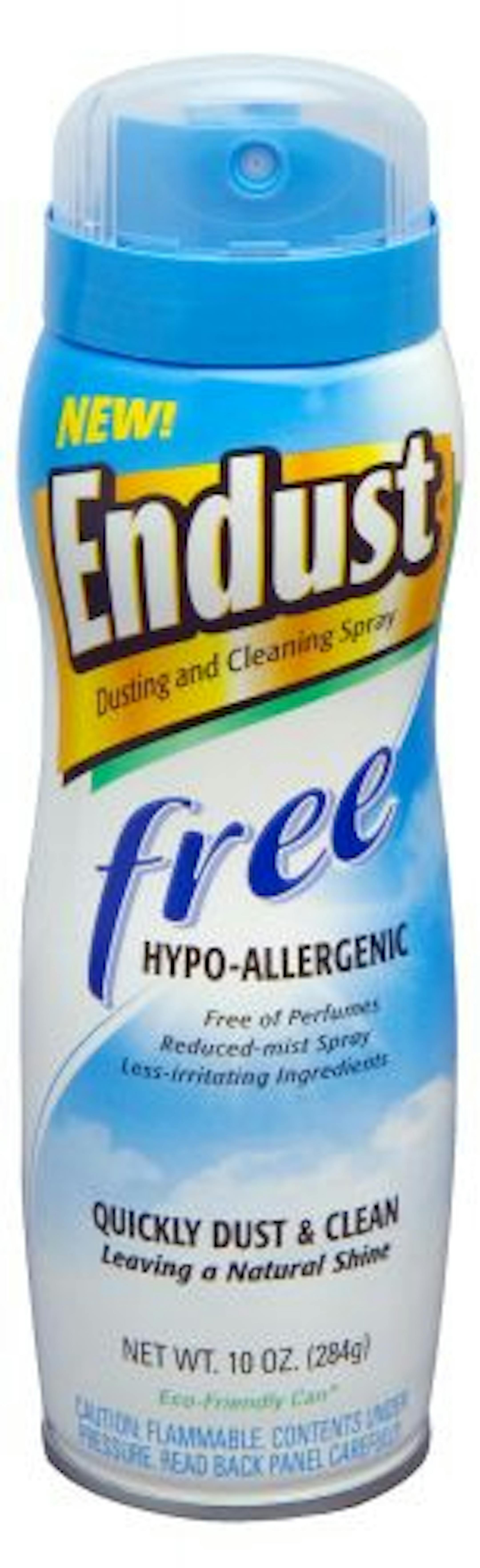 Endust Free Dusting and Cleaning Spray is a fragrance-free, hypo-allergenic dusting and cleaning product that can reduce allergens on surfaces and in the air, preventing allergic reactions.
