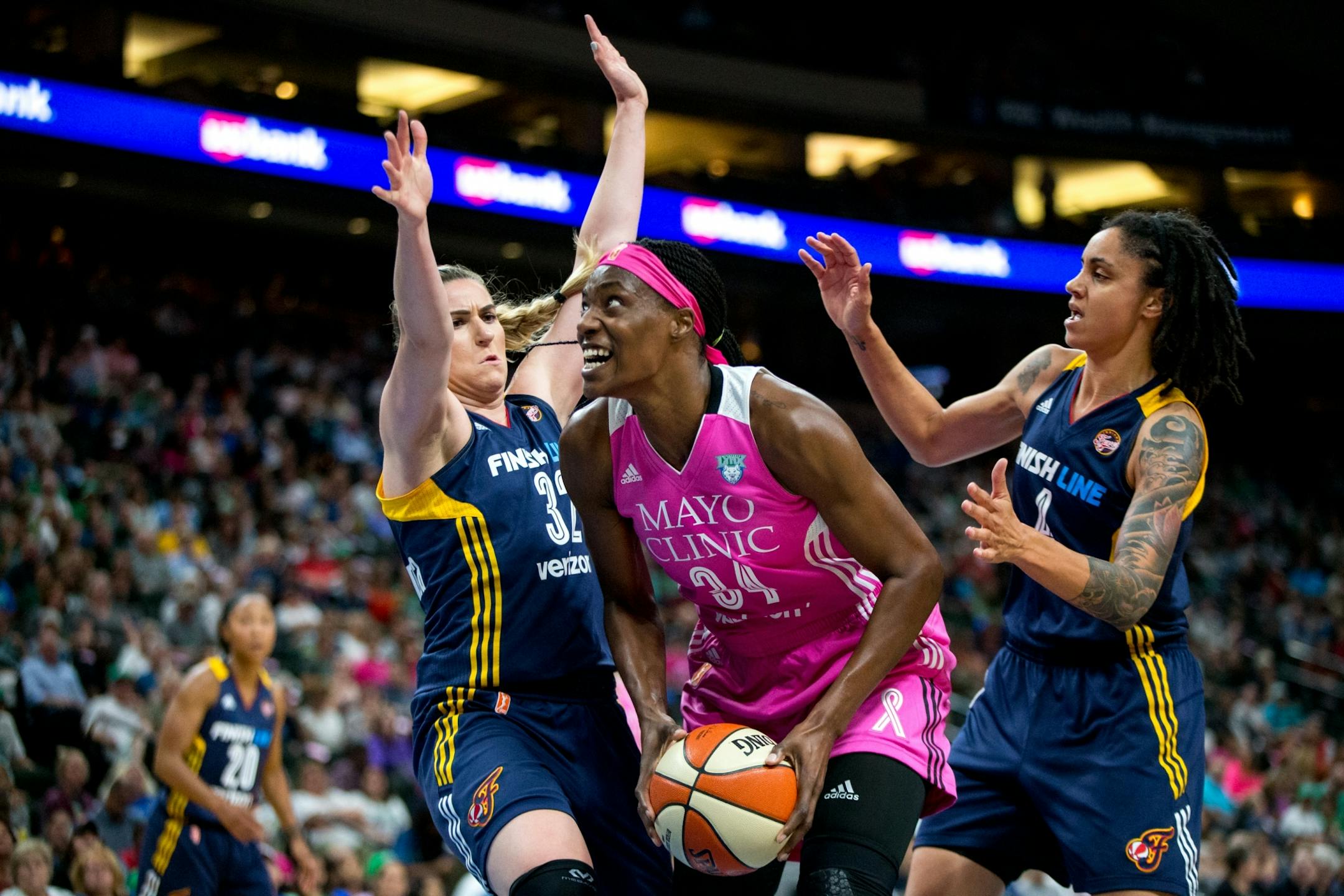 Minnesota Lynx center Sylvia Fowles (34) looks to shoot against Indiana Fever�s Jeanette Pohlen-Mavunga (32) during the first half on Friday, Aug. 18, 2017, at Xcel Energy Center.