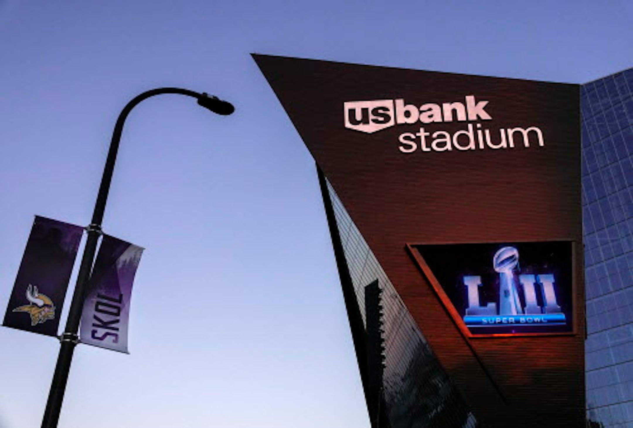Preparation for the Super Bowl is underway at U.S. Bank Stadium with all Viking logos already erased from the field and signage is in the building and ready to hang. ]