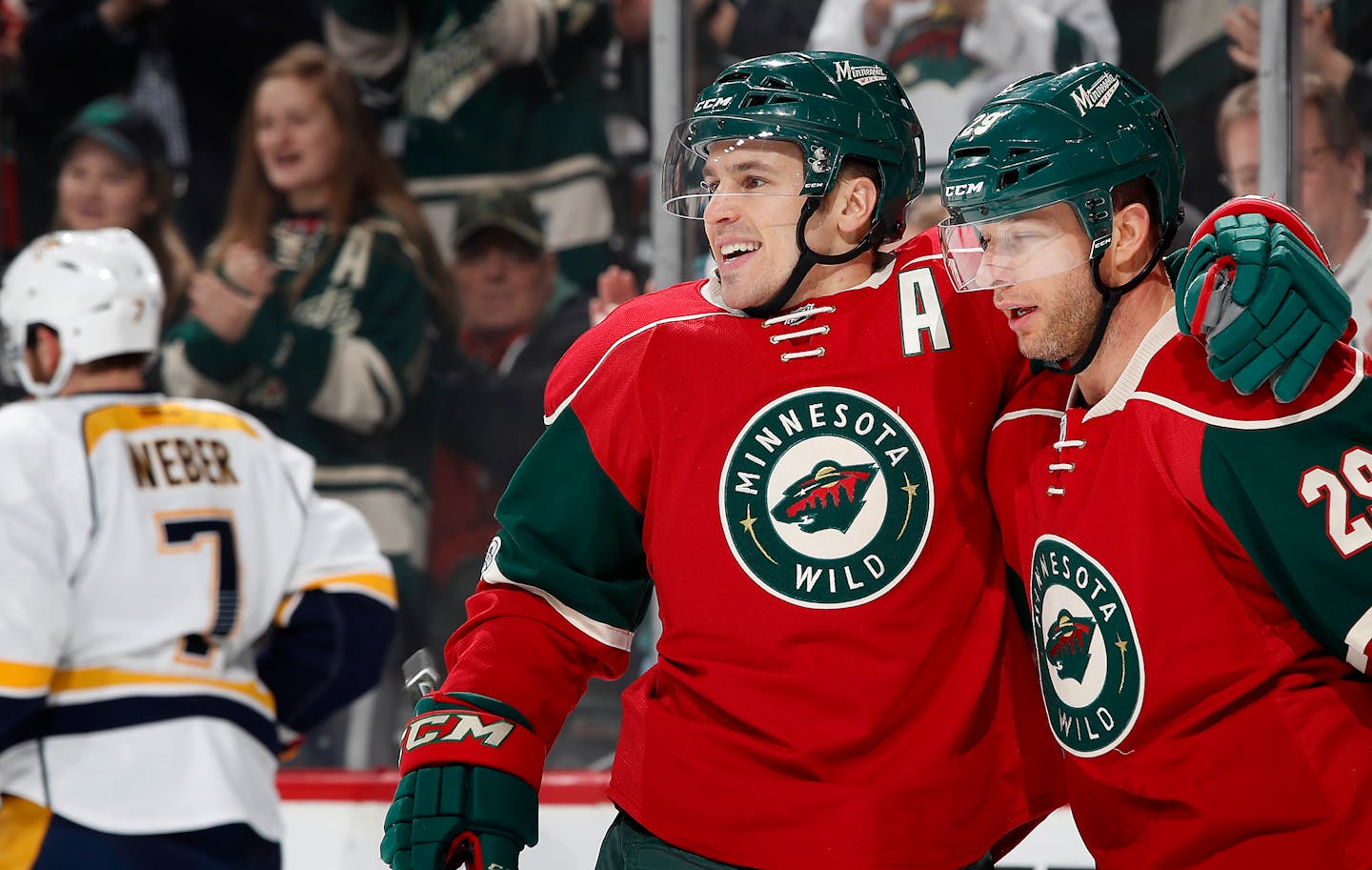 Wild forwards Zach Parise (11) and Jason Pominville (29) will miss Monday's game against the Los Angeles Kings after being diagnosed with the mumps. Wild forwards Zach Parise and Jason Pominville ] CARLOS GONZALEZ cgonzalez@startribune.com - January 22, 2017, St. Paul, MN, Xcel Energy Center, NHL, Hockey, Nashville Predators at Minnesota Wild