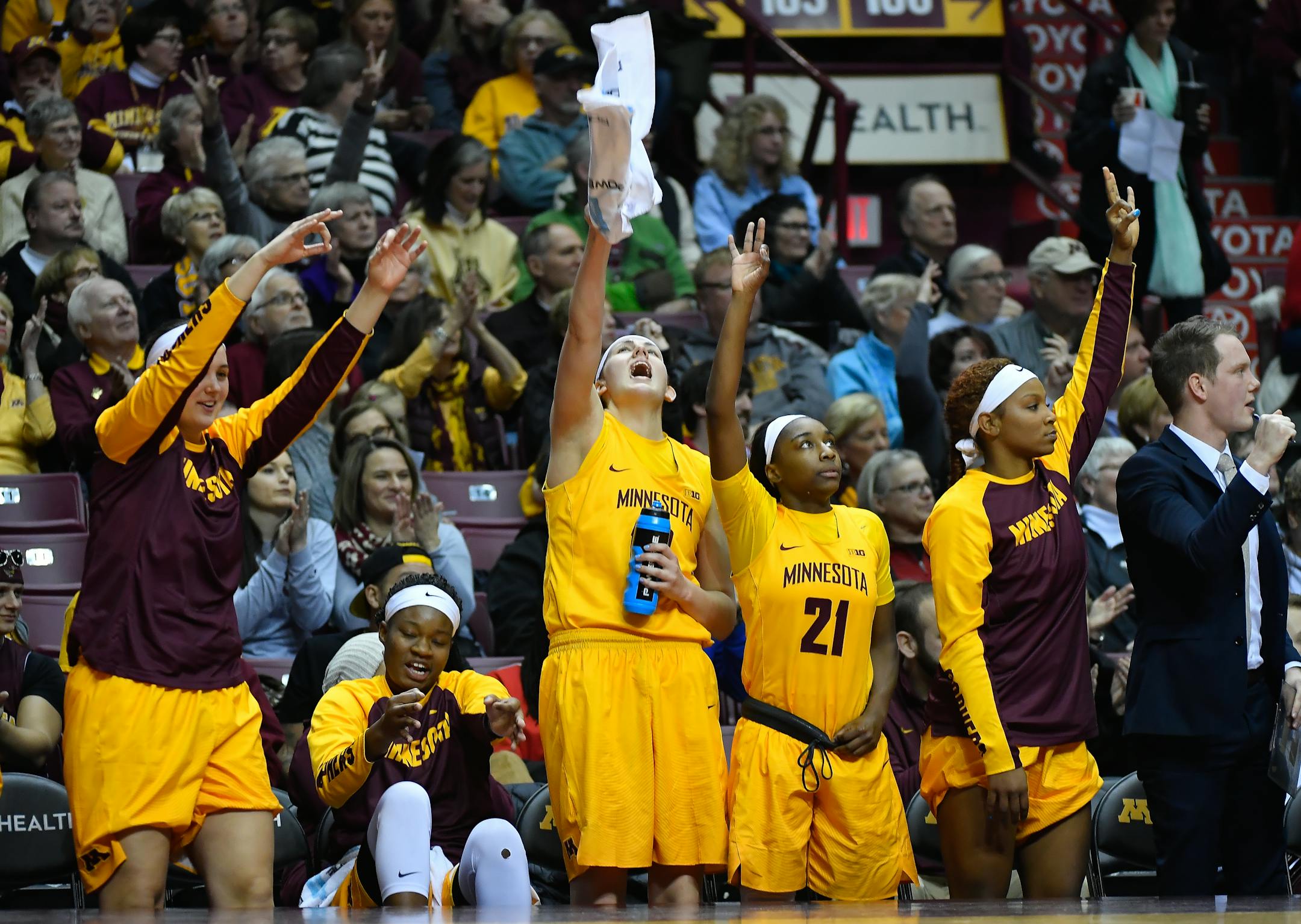 The Gophers bench erupted after a 3-point shot made by guard Carlie Wagner in the first quarter against Wisconsin earlier this season.