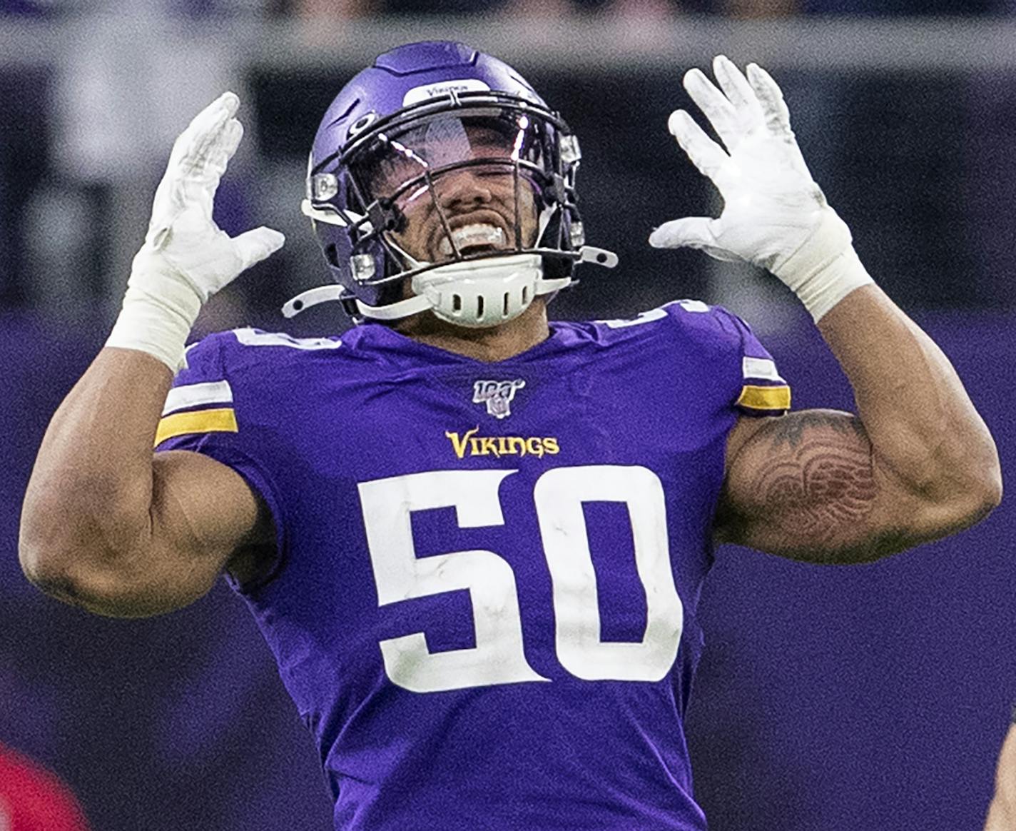 Minnesota Vikings Eric Wilson (50) reacted after being called for penalty in the third quarter. ] CARLOS GONZALEZ &#x2022; cgonzalez@startribune.com &#x2013; Minneapolis, MN &#x2013; November 17, 2019, U.S. Bank Stadium, NFL, Minnesota Vikings vs. Denver Broncos