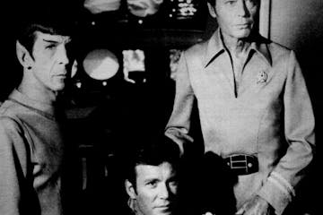 Leonard Nimoy, left, as Mr. Spock; William Shatner center, as Capt. Kirk, and De Forest Kelly as Dr. McCoy in the TV and movie franchise “Star Trek.