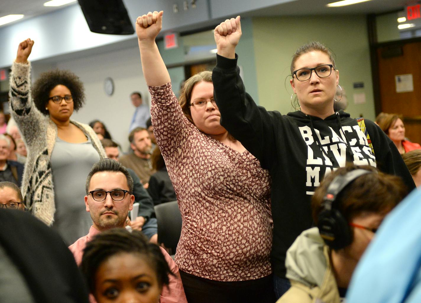 Demonstrators raised their hands in solidarity as Tuesday night's St. Paul School Board meeting's public comment period was interrupted. ] (AARON LAVINSKY/STAR TRIBUNE) aaron.lavinsky@startribune.com As the St. Paul school board gets set to vote Tuesday on a teachers contract containing new school-safety provisions, the district reports that assaults on staff members are up from a year ago. In fact, the 44 assaults reported to the district's emergency call center already exceed the 41 reported i