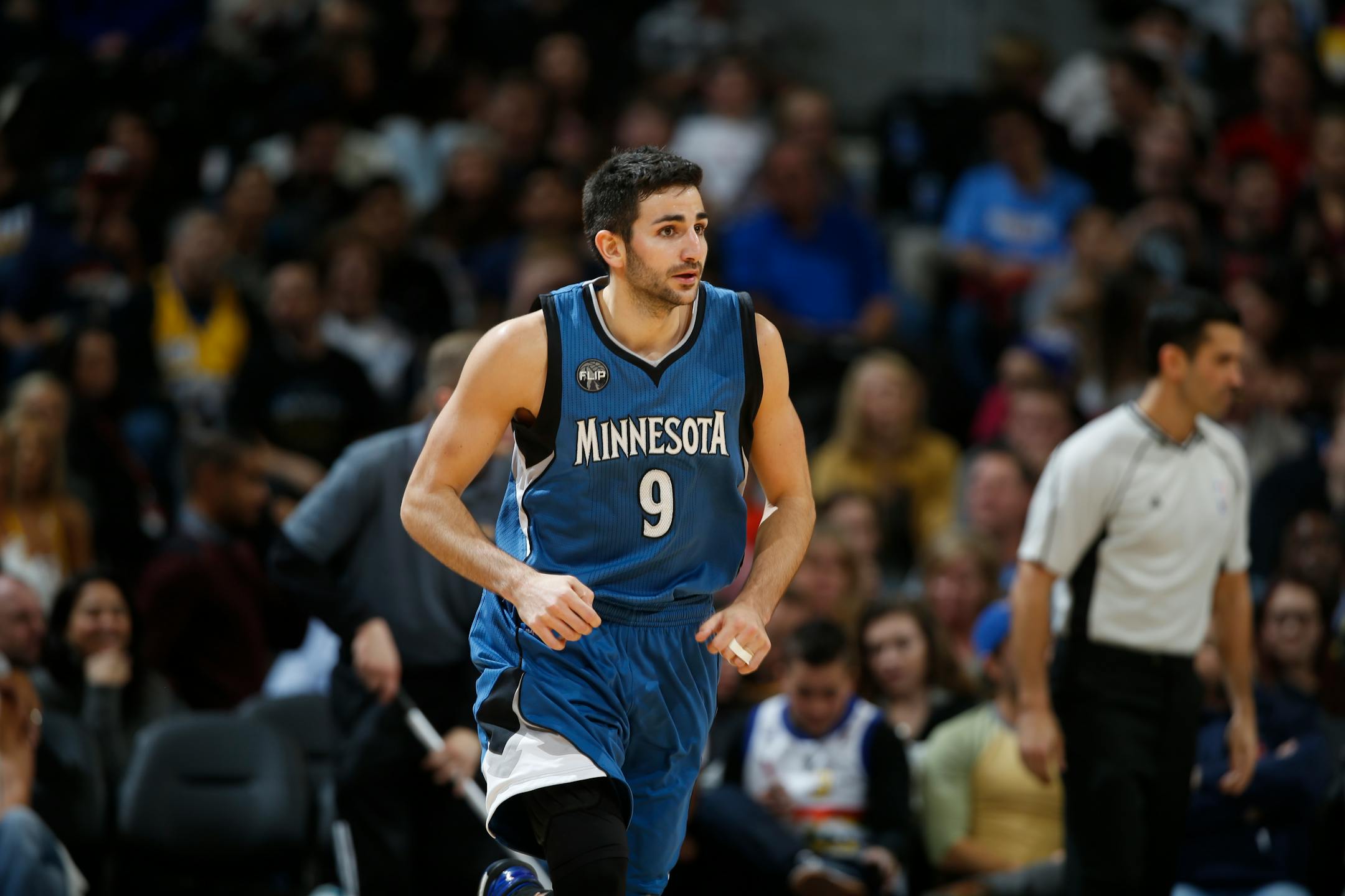 Minnesota Timberwolves guard Ricky Rubio (9) in the second half of an NBA basketball game Friday, Dec.11, 2015, in Denver. Denver won 111-108 in overtime. (AP Photo/David Zalubowski)